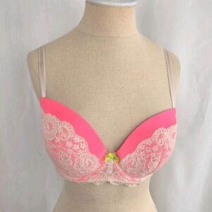 Victoria's Secret Dream Angels Lined Demi Bra 34DD Pink Ivory Lace Bow Lingerie